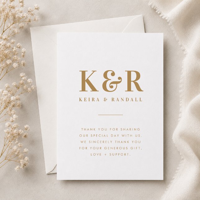 Tarjeta de Agradecimiento | Nota de Gratitud de Bo (Gold monogram wedding thank you card with initials, names, and elegant gratitude wording.)