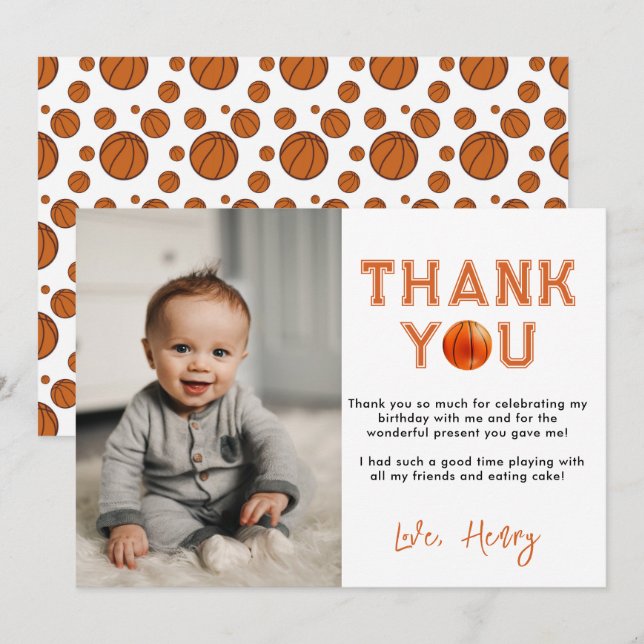 Tarjeta De Agradecimiento Novato del Año Baloncesto de 1er Cumpleaños (Anverso / Reverso)