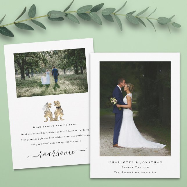 Tarjeta De Agradecimiento Novia de dinosaurio y Boda de Groom. (Dinosaur wedding photo thank you card 2 photograph Funny T-Rex bride and groom elegant modern script)
