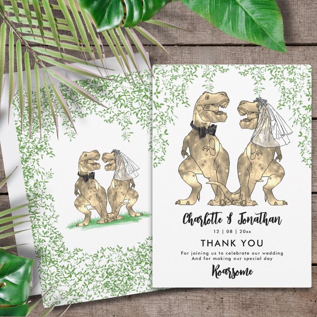 Tarjeta De Agradecimiento Novia de dinosaurios y Boda de Groom gracias (Dinosaur themed wedding thank you card with funny T-Rex  bride and groom and Jurassic jungle foliage)