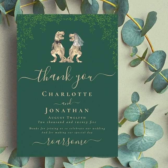 Tarjeta De Agradecimiento Novia de dinosaurios y Boda de Groom gracias (Dinosaur wedding dark green custom thank you card Eucalyptus foliage T-Rex dino bride and groom )