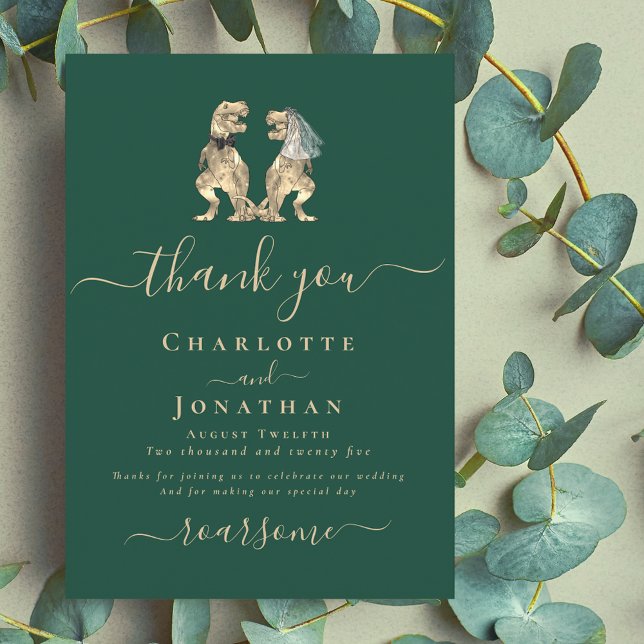 Tarjeta De Agradecimiento Novia de dinosaurios y Boda de Groom gracias (Dinosaur wedding dark green elegant modern thank you card fun T-Rex dino bride and groom)