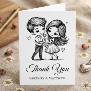 Tarjeta De Agradecimiento Novia Novio Dibujos Animados Boda Blanco y Negro G