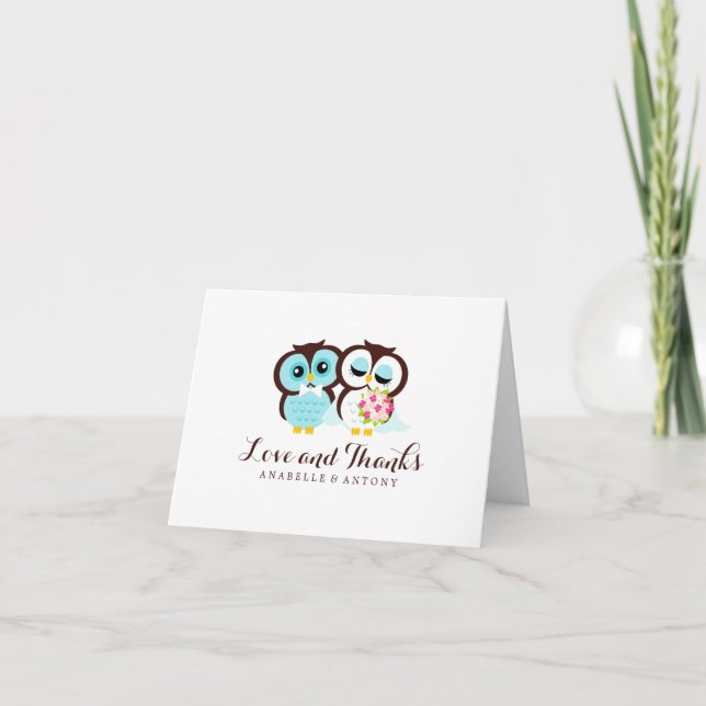 Tarjeta De Agradecimiento Novia y Groom Owls Boda "Gracias" (Anverso)