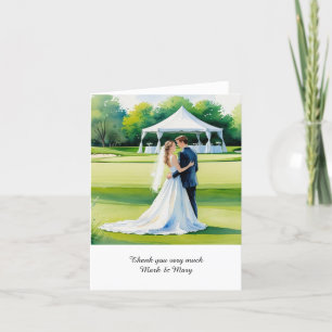 Tarjeta De Agradecimiento Novia y novio golfista campo de golf acuarela