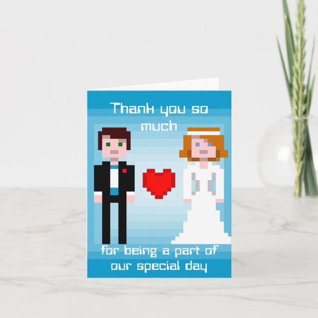 Tarjeta De Agradecimiento Novia y Novio Pixel - Gracias - Azul (Anverso)