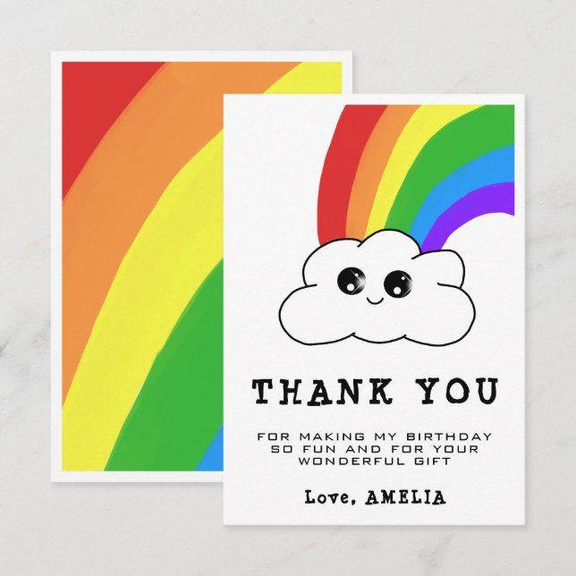 Tarjeta De Agradecimiento Nube Kawaii Arcoíris Cumpleaños Niñas  (Anverso / Reverso)