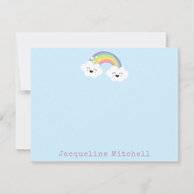 Tarjeta De Agradecimiento Nubes Kawaii Arcoíris Lindas Caras Nombre Azul Pas (Anverso)