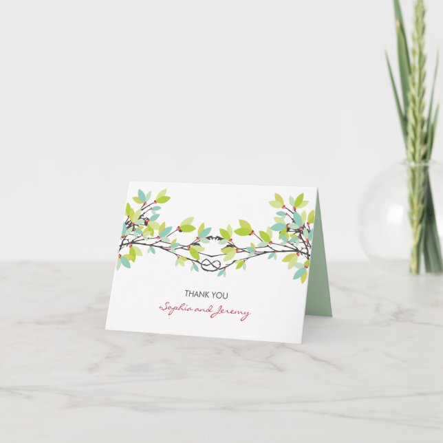 Tarjeta De Agradecimiento Nudo de Amor Caprichoso Árboles de Primavera Boda  (Anverso)