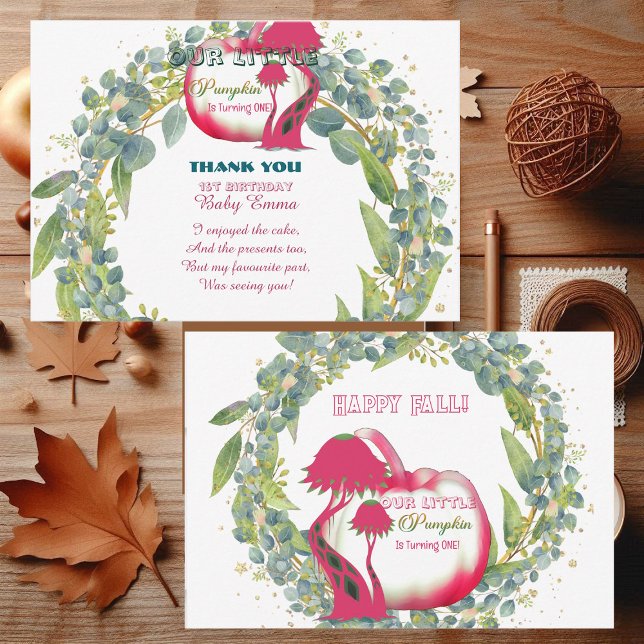 Tarjeta De Agradecimiento Nuestra calabaza rosa pequeño 1er cumpleaños Wreat (Our Little Pumpkin Pink 1st Birthday Green Wreath Thank You Card)