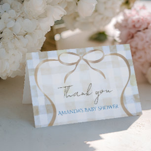Tarjeta De Agradecimiento Nuestra pequeña fiesta de bebé de gingham azul Niñ