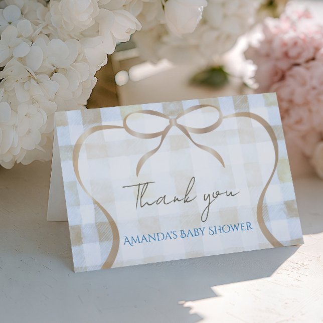 Tarjeta De Agradecimiento Nuestra pequeña fiesta de bebé de gingham azul Niñ (Subido por el creador)