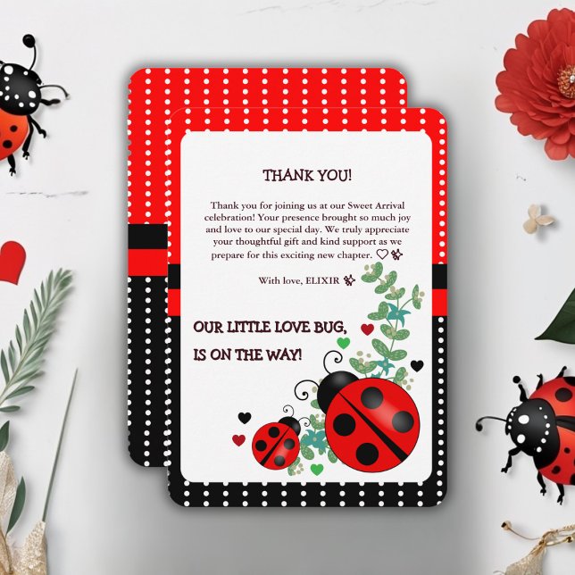 Tarjeta De Agradecimiento Nuestro pequeño amor Bug Red Black Baby Shower (Subido por el creador)