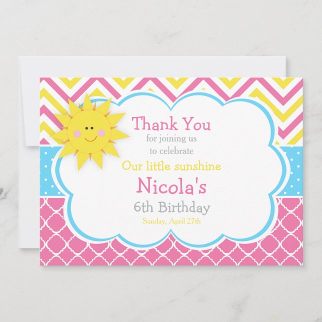 Tarjeta De Agradecimiento Nuestro pequeño cumpleaños amarillo y rosa Sunshin (Anverso)