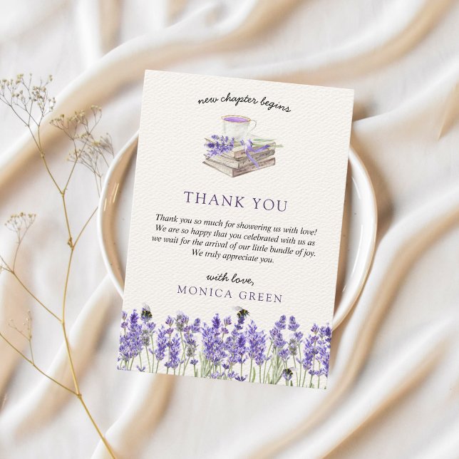 Tarjeta De Agradecimiento Nuevo capítulo comienza libros Lavender Chica Baby (New chapter begins, stroybook, book inspired baby shower, lavender, bee, wildflowers)
