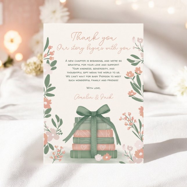 Tarjeta De Agradecimiento Nuevos libros de capítulo Baby Shower verde de sab (New Chapter Books Whimsical Sage green Baby Shower Thank You Card)