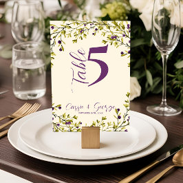 Tarjeta De Agradecimiento Número de mesa de boda con bayas púrpuras y vegeta