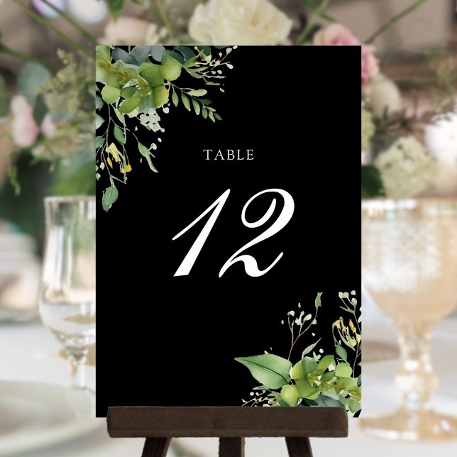 Tarjeta De Agradecimiento Número de mesa floral verde y blanco negro (Greenery Floral Black And White Table Number)