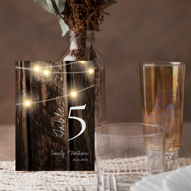 Tarjeta De Agradecimiento Número de tabla Boda de luces de madera y cadena r (Country Rustic Wood Lights WEDDING Table Number)