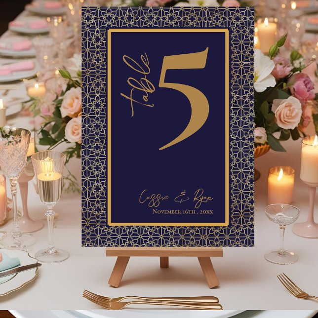 Tarjeta De Agradecimiento Número de tabla de la fiesta de la boda de diseño  (Navy and Gold Design Wedding Party Table Number)