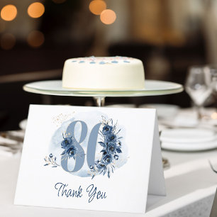 Tarjeta De Agradecimiento Número floral azul costero cumpleaños 80
