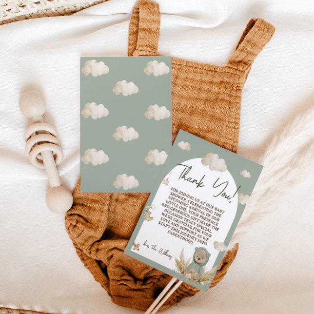 Tarjeta De Agradecimiento Nursery Boho Bear Baby Shower Green Floral (Subido por el creador)