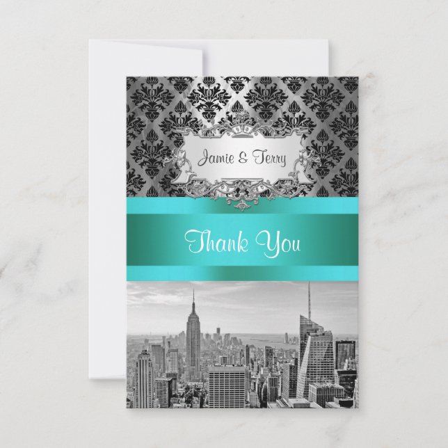 Tarjeta De Agradecimiento NY City Skyline BW B3 Damask F2 - Gracias (Anverso)