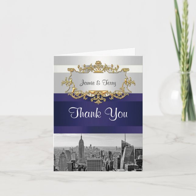 Tarjeta De Agradecimiento NYC Skyline BW 05 White Navy Blue Gracias (Anverso)