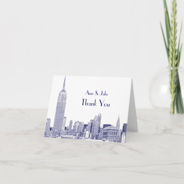 Tarjeta De Agradecimiento NYC Skyline Etched 01 Gracias Azul (Anverso)