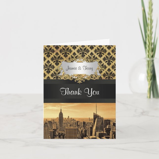 Tarjeta De Agradecimiento NYC Skyline Sepia B5 Blk Rib Damask Gracias (Anverso)