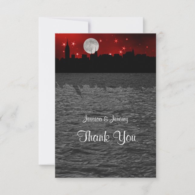 Tarjeta De Agradecimiento NYC Skyline Silhouette Moon Red Gracias (Anverso)