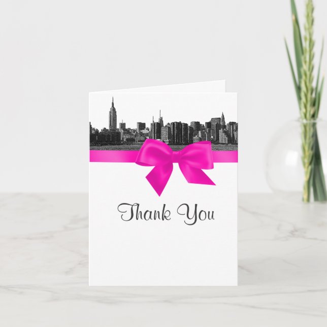 Tarjeta De Agradecimiento NYC Wide Skyline Etched BW Hot Pink Gracias (Anverso)