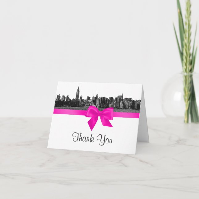 Tarjeta De Agradecimiento NYC Wide Skyline Etched BW Hot Pink H Gracias (Anverso)