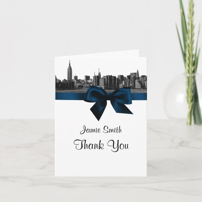 Tarjeta De Agradecimiento NYC Wide Skyline Etched BW Marina Blue Gracias #2 (Anverso)