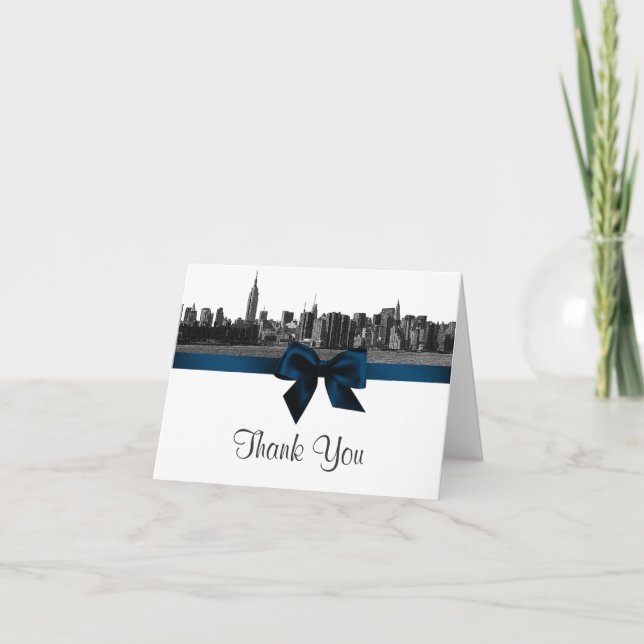 Tarjeta De Agradecimiento NYC Wide Skyline Etched BW Naval Azul H Gracias (Anverso)