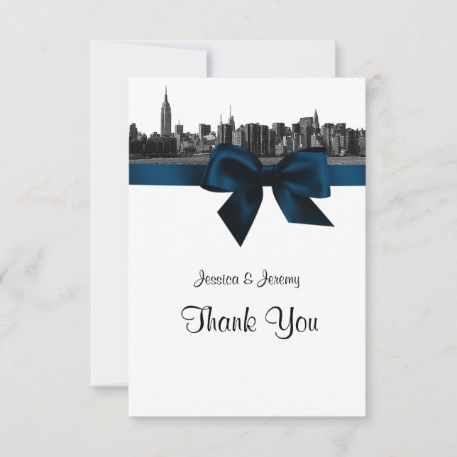 Tarjeta De Agradecimiento NYC Wide Skyline Etched BW Naval Blue Gracias (Anverso)
