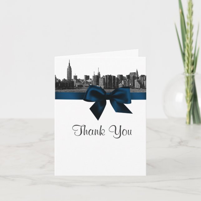 Tarjeta De Agradecimiento NYC Wide Skyline Etched BW Naval Blue Gracias (Anverso)