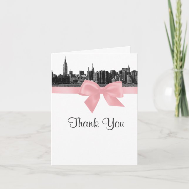 Tarjeta De Agradecimiento NYC Wide Skyline Etched BW Pink Gracias (Anverso)