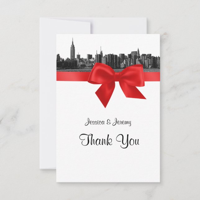 Tarjeta De Agradecimiento NYC Wide Skyline Etched BW Red Gracias (Anverso)