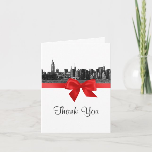 Tarjeta De Agradecimiento NYC Wide Skyline Etched BW Red Gracias (Anverso)