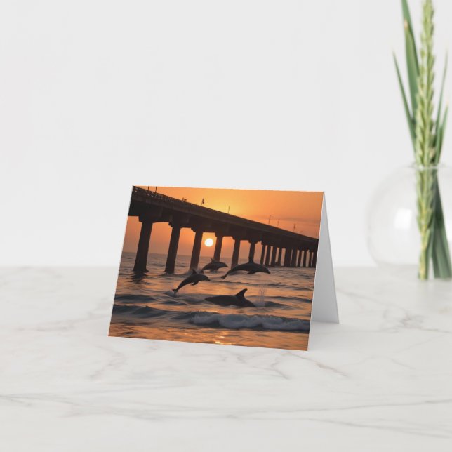 Tarjeta De Agradecimiento Ocean Beach Pier - Beach Sunset Dolphins (Anverso)