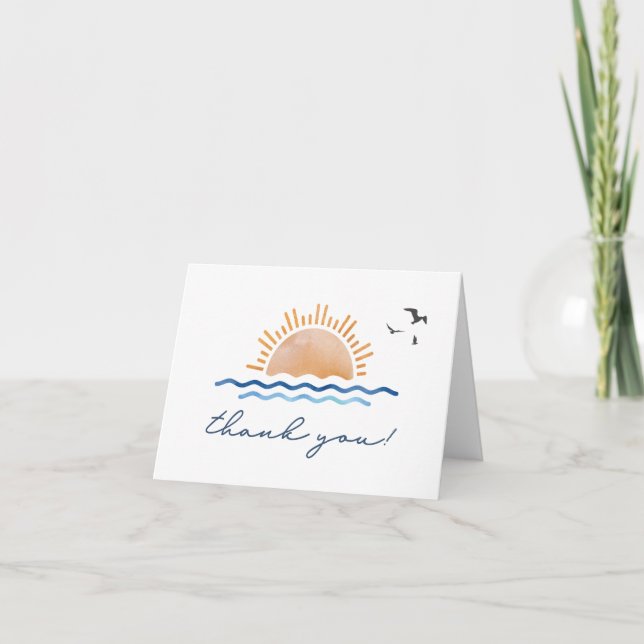 Tarjeta De Agradecimiento OCEANSIDE Watercolor Beach Ocean Sunset Birds (Anverso)