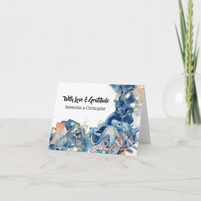Tarjeta De Agradecimiento Octopus naranja azul marino boda gracias playa (Anverso)