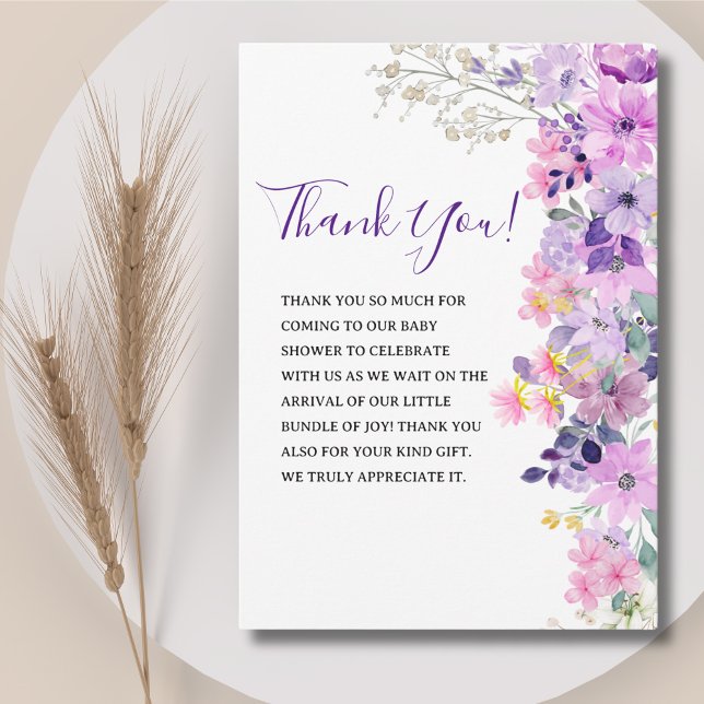 Tarjeta De Agradecimiento Oh Baby, Baby Shower Purple Spring Flowers (Subido por el creador)