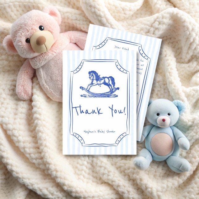 Tarjeta De Agradecimiento Oh bebé azul mecanografía de caballo bebé ducha de (Oh baby blue rocking horse handrawn sketch baby shower thank you cards)