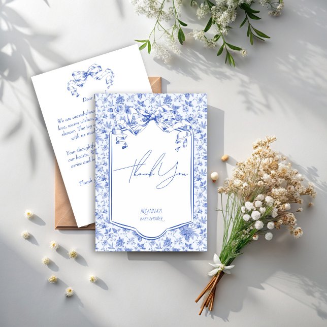 Tarjeta De Agradecimiento Oh bebé toile azul de jouy sketch baby (Oh baby blue toile de jouy sketch ribbon bow baby shower thank you cards)