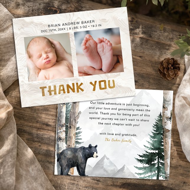 Tarjeta De Agradecimiento Oh Boy Adventure Begin | Woodland Bear Baby Shower (Two Photo Thank You Card)