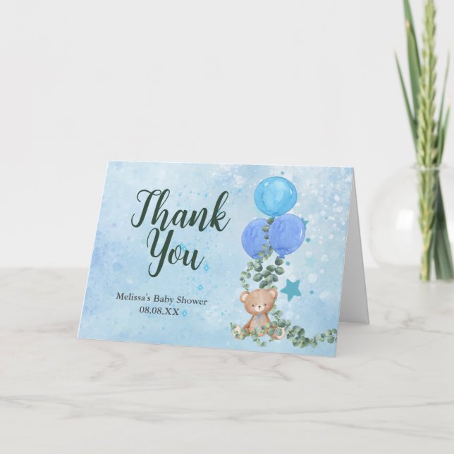 Tarjeta De Agradecimiento Oh Boy Bear Blue Balloon Eucalyptus foto personali (Anverso)