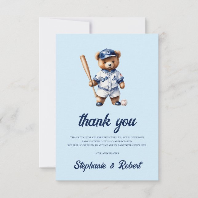 Tarjeta De Agradecimiento Oh Boy Béisbol  Baby Shower Osito Lindo (Anverso)