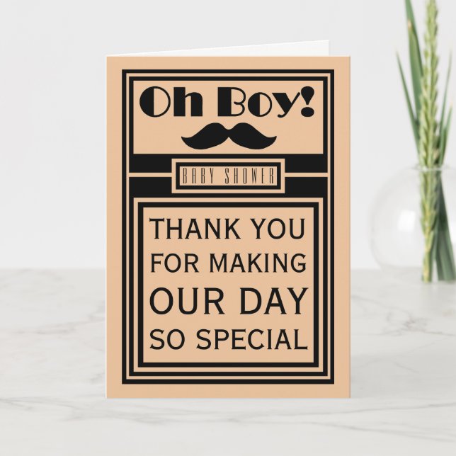 Tarjeta De Agradecimiento Oh Boy Black Mustache Baby Shower Gracias (Anverso)